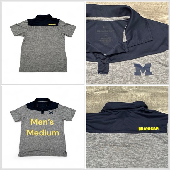 Men’s Michigan Medium 38 - 40 Polo Shirt Gray Blue Maze Golf Lightweight Wicking - Picture 1 of 8